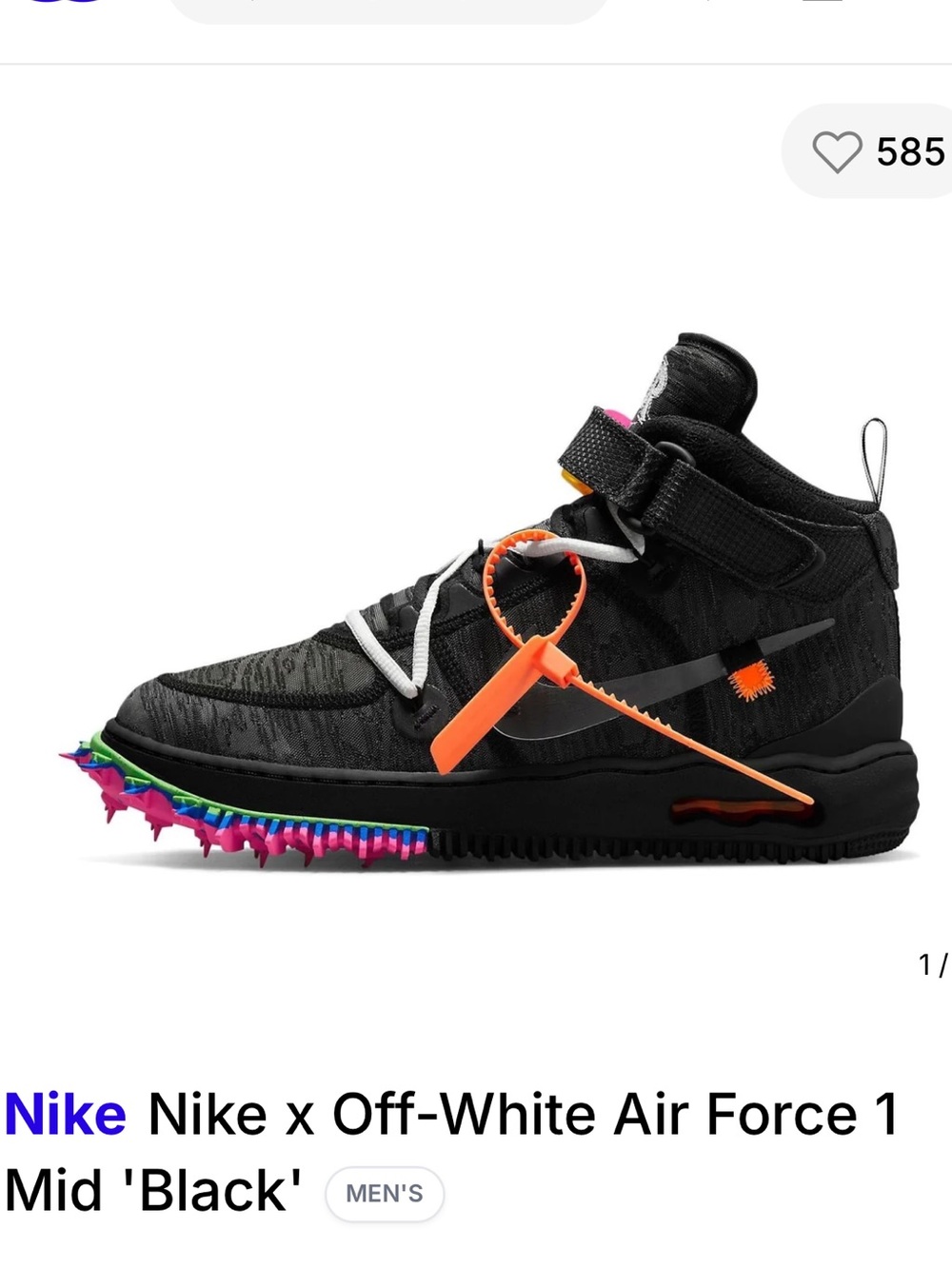 NIB Nike x Off-White Air Force 1 Mid Black with Neon Accents 2022 size 8/9.5W